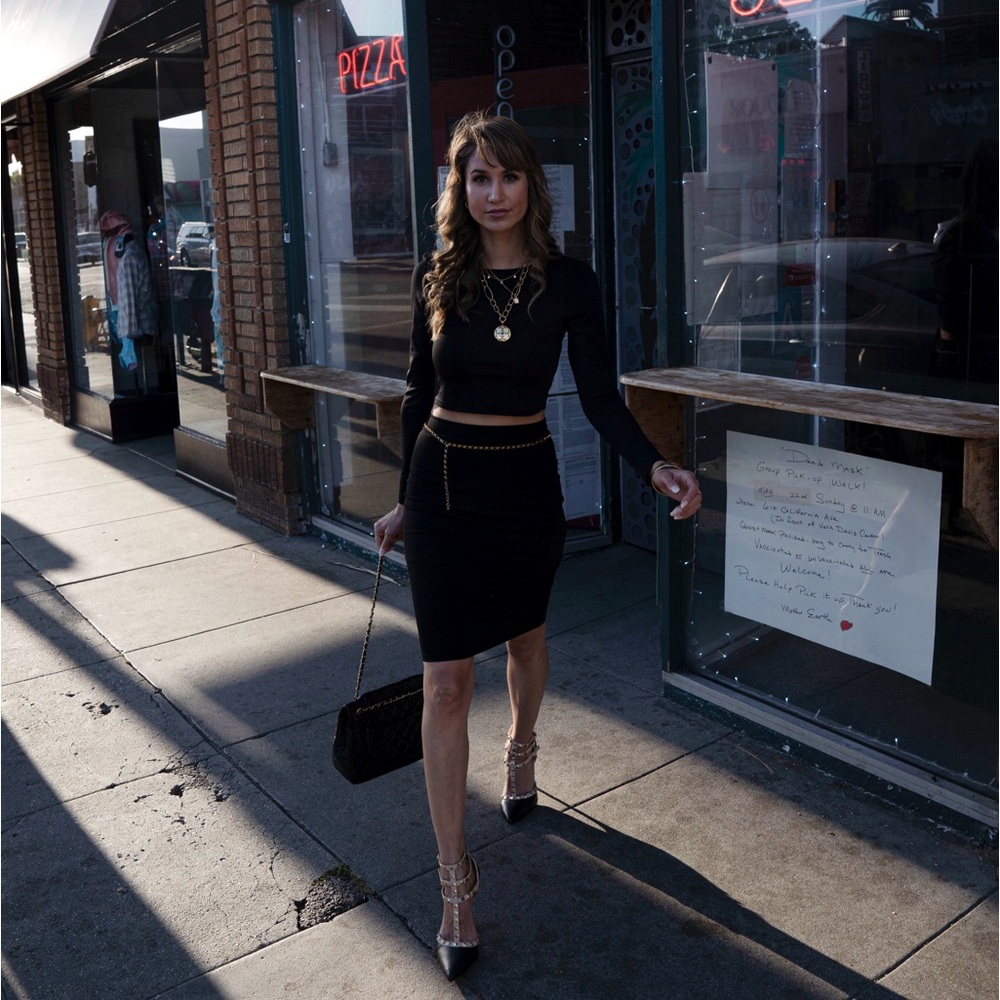 Long Sleeve Crew Neck Basic Stretch Crop Skirt Set - image 2